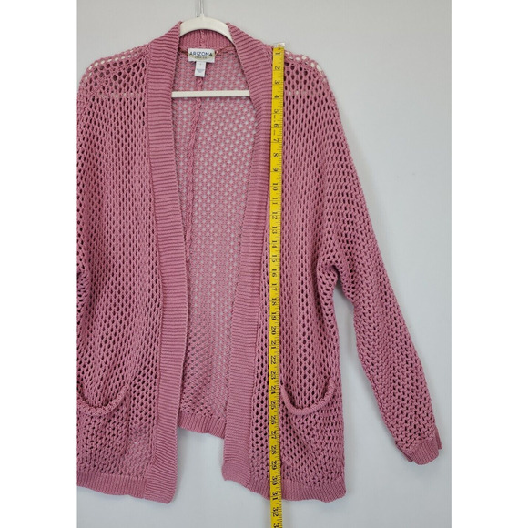 Arizona Jean Open Cardigan Fishnet Sweater Women L Pointelle Pink Pockets - Picture 6 of 11